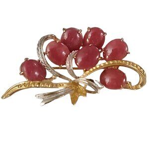 Gold Tone, Silver Tone 925 Pink Prong Glass Cab Ribbon Leaf Brooch K547